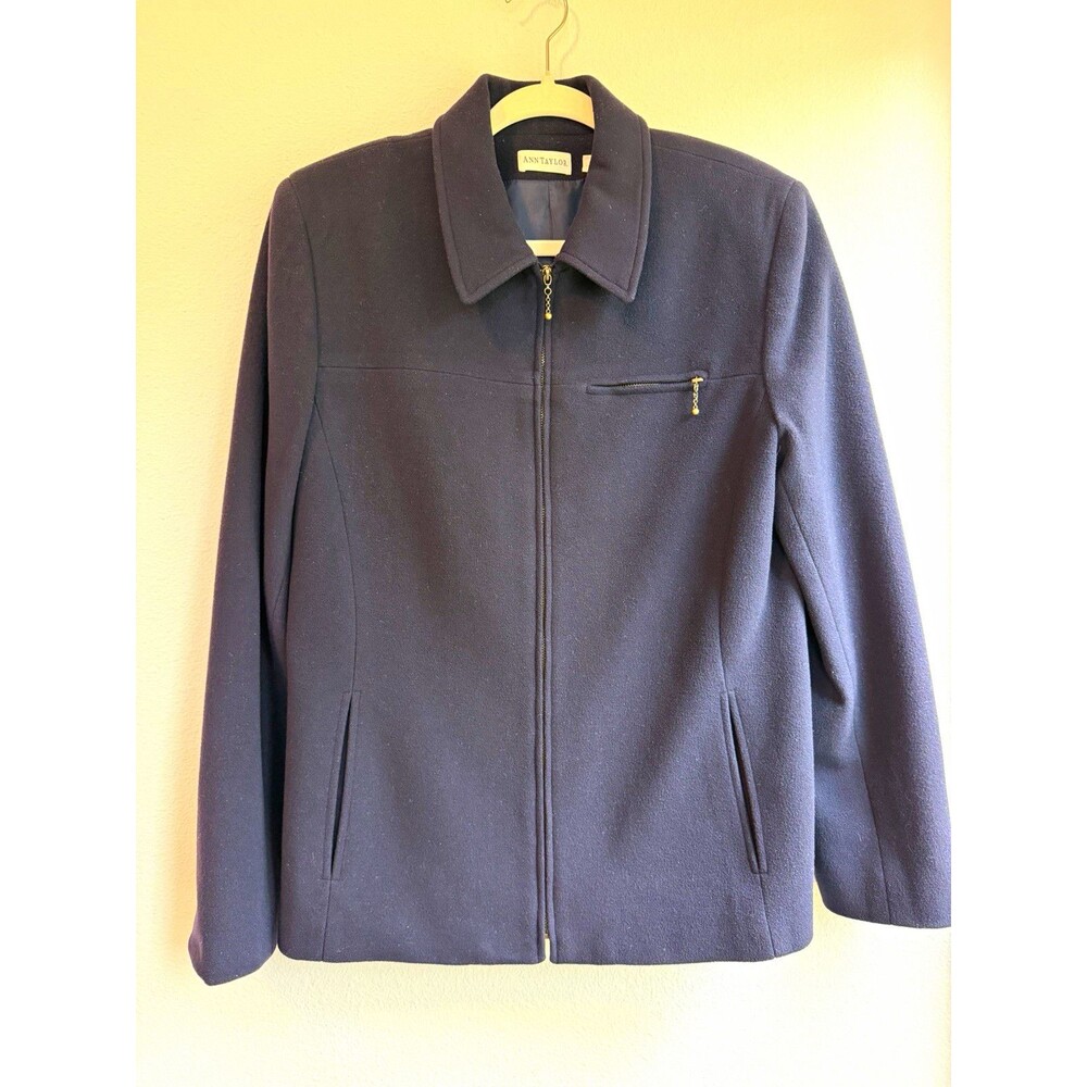 Ann Taylor Women’s 12 Navy Full Zip Jacket Lined Collared Pockets